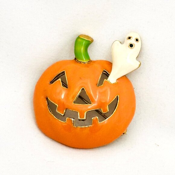 Vintage Halloween Pumpkin & Ghost Enameled Pin/Brooch - Picture 1 of 3